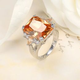 Classic Champagne CZ Stone Ann Single Orange Crystal CZ Cut Luxury 925 Sterling Silver Ring Women Jewelry 240509