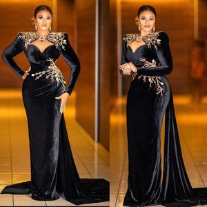 Vestidos de Noche clásicos negros africanos de Dubái, vestido de fiesta de sirena de terciopelo de manga larga, apliques de cuentas, vestidos de fiesta formales