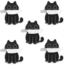 Klassieke Zwarte Killer Kat Emaille Pins Grappig Dier Kitten Mes Broches Shirt Jas Revers Badge Cartoon Sieraden Cadeau voor Vriend