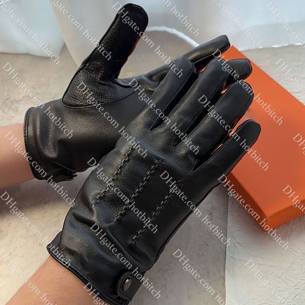 Guantes de cuero negros clásicos, guantes de diseñador para hombres, guantes de dedos cálidos para ciclismo al aire libre de invierno de alta calidad, regalo de Navidad