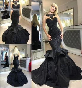 Klassieke zwarte lange zeemeermin avondjurken met kralen en toegewezen trapsgewijze gegolfde formele feest prom -jurken5074992