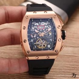 Reloj clásico de goma negra para hombre, reloj de pulsera con cristal de zafiro, mecánico automático, oro rosa, plata, Tourbillion, calendario, 327w