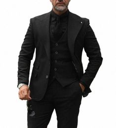 Trajes negros clásicos para hombres solapa ancha chaqueta formal Smart Bussin pantalón 3 piezas traje de boda Dr Homme ropa masculina D6yI #