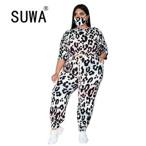 Klassiek zwart wit luipaard print cool meisje twee stuk set vrouw lange mouw oversize top tuniek baggy broek casual outfits L-5XL 210525