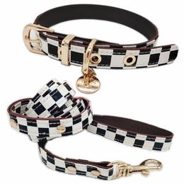 Klassieke zwart witte plaid halsbanden en riemen set zachte ontwerper lederen hondenkraag voor kleine honden poedie chihuahua pomeranian yorkshire outdoor wandeling b77