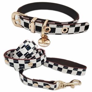 Designer Leather Dog Collar and Leash Set - Classic Black White Plaid for Small Dogs - Suitable for Poodie, Chihuahua, Pomeranian, Yorkshire - Outdoor Walk B77