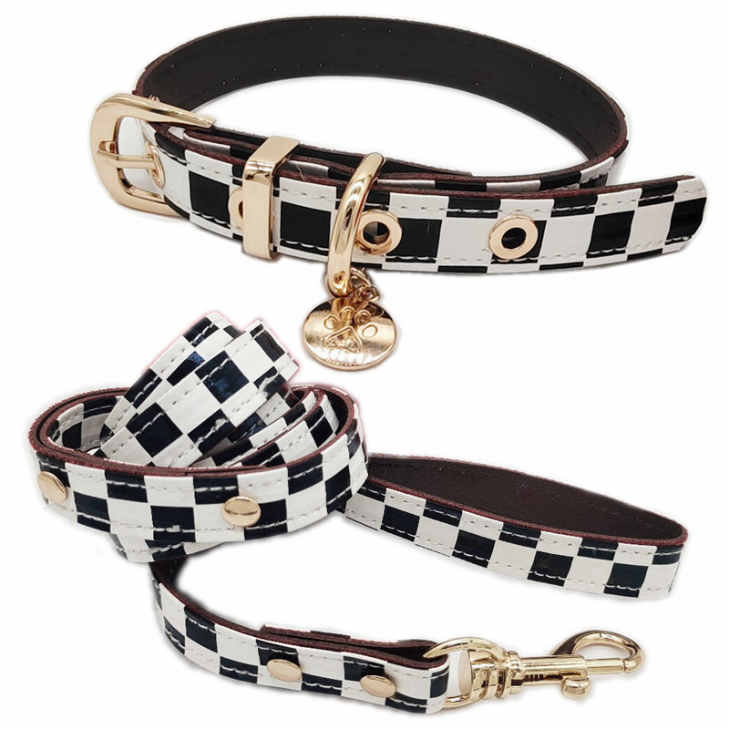 Classic Black White Plaid Dog Collars and Leashes Set Soft Designer Leather Dog Collar for Small Dogs Poodie Chihuahua Pomeranian Yorkshire Outdoor Walk B77