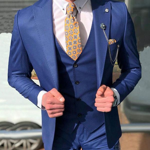 Costumes bleus classiques pour hommes pour mariage, smokings de bal, dernier manteau et pantalon, tenues pour garçons d'honneur, 3 pièces (veste + gilet + pantalon)