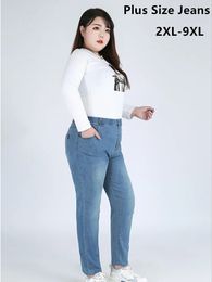 Jeans clásicos de mujeres azules 9xl 140 kg 7xl 6xl talla grande Pantalones de mezclilla de elástica de alta cintura alta pantalones femeninos de ajuste delgada 240403