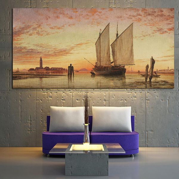 Pintura en lienzo de barco clásico, póster de paisaje moderno, pintura al óleo de paisaje marino abstracto sobre lienzo, imagen de pared para sala de estar, decoración del hogar