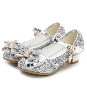 Classic Bow Girl Pu Leather For Girls Party Dance Kinderen 314 jaar Princess High Heel Child Wedding Shoes 220705
