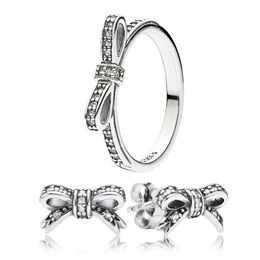 Classic Bow Stud Oorbellen en Ring Set voor Pandora 925 Sterling Zilver designer sieraden voor vrouwen meisjes Crystal Diamond Luxury Party Earring Ringen met originele doos