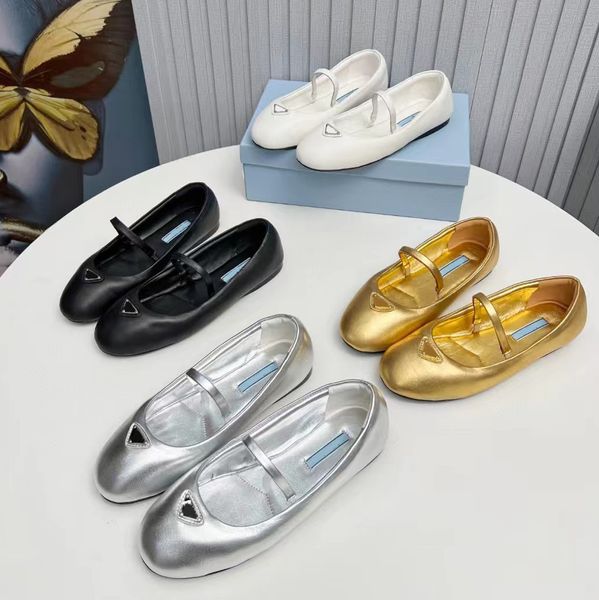 Zapatos planos de ballet de marca clásica Zapatos de diseñador de lujo de cuero para mujer Zapatos Mary Jane de cuero genuino Decoración de cristal triangular Zapato de baile de moda con cabeza redonda