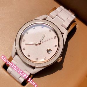 Klassieke merk Crystal Diamond Quartz Horloge Rvs Roze Zwart Wit Keramisch Horloge Mode Vrouwen Ceramica Clock 36mm