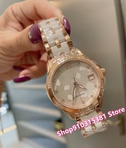 Klassiek merk Wit Keramisch horloge Womens Rose Gold Geometric Quartz Horloges Natuurlijke Moeder van Parel Ceramica Clock 35mm