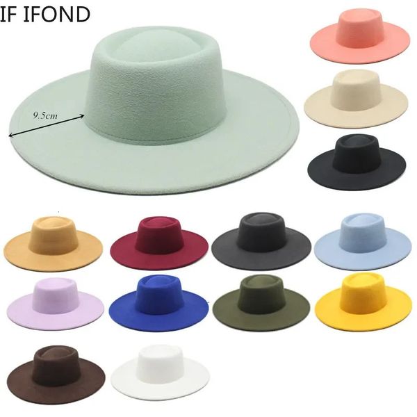 Style britannique classique 9,5 cm Big Wide Brim Fedora Hat pour femmes mode automne hiver en feutre Chapeaux Robe de mariée Jazz Cap 240419