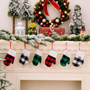 Klassieke Buffalo Plaid Christmas Gloves Familie Kerstmis Decoratie open haard hangend ornament Santa Mitts Bestek Flatlery Cover Candy Cadeaum Bag Party Decor W0085