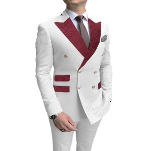 Classique bordeaux Paisley revers poches hommes costumes blanc mariage marié costumes Double boutonnage Costume Homme hommes Blazers