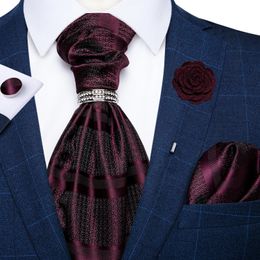 Classic Burgundy Rouge Ascot liens en soie Scarpe tissée à rayures Cravat Cravat Pocket Square Cuffinks For Men Mariage Nettle Ring Set240409