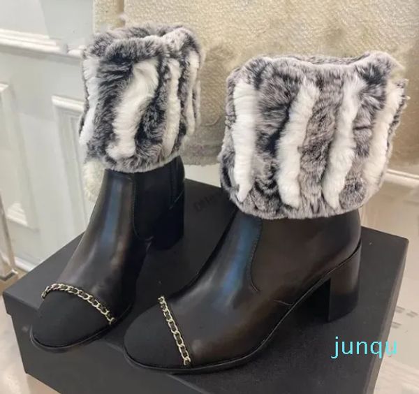 Bottes de neige d'hiver classiques en cuir de veau avec fermeture éclair et poils de lapin, respirantes, antidérapantes, chaussures décontractées confortables