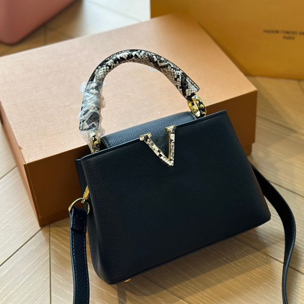 Clásico Capucines Mujeres Serpentine Diseñador Bolso de hombro Marca francesa Moda Serpiente Mango Bolso de alta calidad de lujo de cuero genuino Bolso de mano para mujer Bolsos de embrague