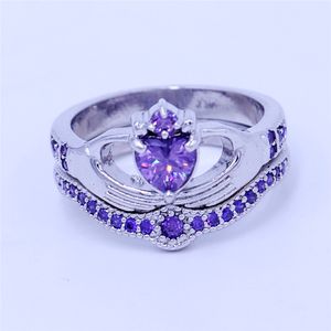 Klassieke claddagh ring geboortesteen sieraden bruiloft band ringen set voor vrouwen paars 5a cz wit goud gevuld vrouwelijke feestring