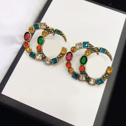 Boucles d'oreilles avec lettres en cristal de couleur classique, boucles d'oreilles Vintage en laiton de styliste, bijoux cadeaux de fête pour femmes