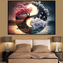 Klassieke kleurrijke yin en yang canvas schilderij, Chinese filosofie muurkunst foto's, abstracte landschapsposters voor woonkamer