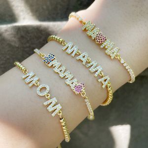 Classic Copper 18K Gold Mom Braw Bracelet Box Chain Iced Cz Zirkon Mama Charms armbanden voor moedergeschenken verstelbaar