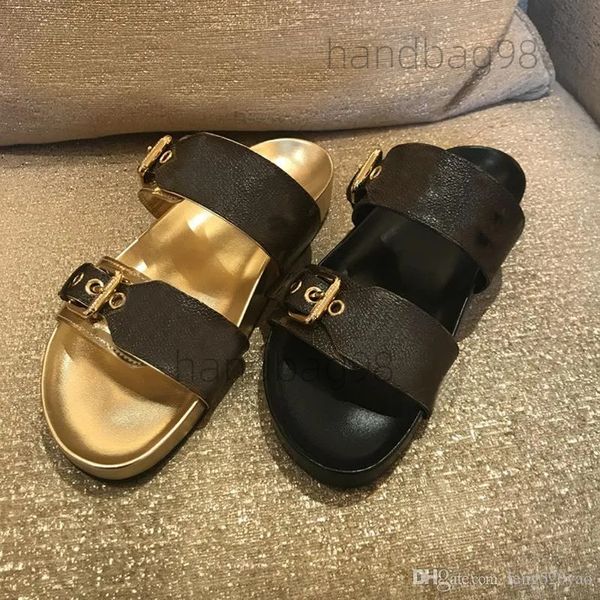 Zapatillas de pareja clásicas Verano Mujer de lujo Playa Dibujos animados Cabeza grande Cuero Cinturón plano Hebilla Sandalias Hotel Baño Hombres Diapositivas Diseñador Zapatos de mujer Tamaño grande 35-45