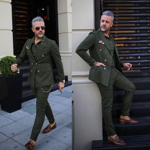 Klassieke donkergroene streep mannen smoking bruidegom bruidspakken slim fit dubbele breasted piek revers heren pak 2 stuks jas broek (jas + broek)