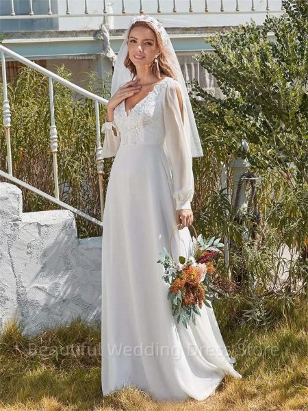 Classic Deep V Neck Kidding Robes Appliques 3D Fleur à manches longues Robe nuptiale Robe Versidos de novia sur mesure