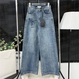 Klassieke denim broek vrouwen Designer kleding Pocket borduurbrief Design jeans mode wijd been broek voor dame