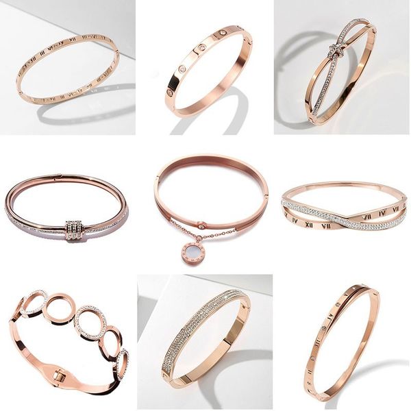 Brazalete de acero inoxidable abierto chapado en oro rosa de 18 quilates de diseño clásico, pulsera de compromiso de regalo para mujer de estilo Ins