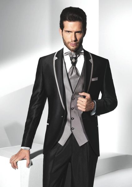 Design classique Black Groom Tuxedos Shawl Lapel One Button Groomsmen Mens Wedding Dress Excellent Man Suits (Veste + Pantalon + Gilet + Cravate) 353