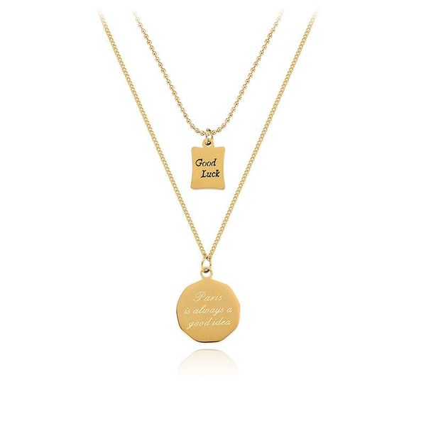 Design classique goodluck lettre pendentif carré femmes collier mode titane acier cou chaîne double clavicule chaîne