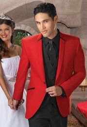 Classic Design Hot Red Groom Tuxedos Notch Revers One Button GroomsMen Mens Bruiloft Past Uitstekende Man 3 Stuk Suit (Jas + Broek + Vest + Tie) 97
