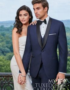 Klassieke Design Navy Blue Bruidegom Tuxedos Sjaal Revers One Button GroomsMen Mens Bruiloft Smoking Excellent Man Pak (Jas + Broek + Vest + Tie) 100