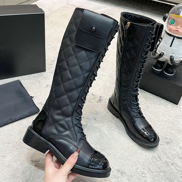 Design classique ananas diamant vérifier bottes de créateurs de bottes pour femmes bottes au genou sangle fermeture éclair poche latérale bottes de chevalier en cuir de veau italien taille de haute qualité 35-41