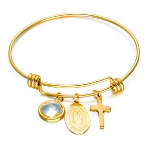 Conception classique en acier inoxydable Virgin Mary Small Cross Charm Bangle Bracelet Catholicisme JE D8