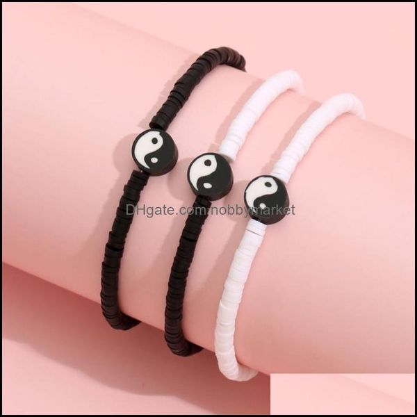 Classique Design Vinyle Heishi Disque Perle Brins Yin-Yang Gossip Bracelet En Gros Pour Hommes Femmes Couples 3 Pcs / Set Drop Delivery 2021 Perlé B