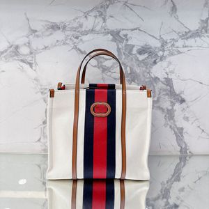 Klassieke designertassen Draagtas Grote webstreep Wit katoenen canvas Bruin lederen bekleding Modieuze handtassen voor dames