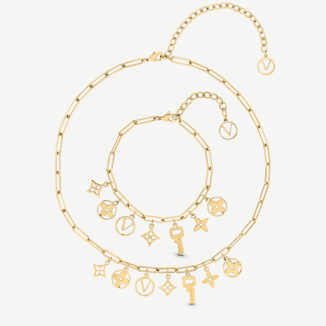 Conjuntos de jóias de designer clássicos para mulheres pequenos encantos da chave de flor e colar de aço inoxidável de aço inoxidável 18k colares de corrente de micedes de ouro