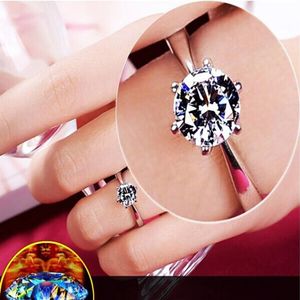 Klassieke Designer Six Claw Zilver Kleur Ring Oostenrijk Kristal diamanten Trouwring voor Bruids Kerstcadeau voor Vrouwen Sieraden Engag173P