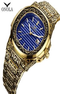Classic Designer Vine Watch Men 2019 Onola Top Brand Luxuri Gold Copper polshorloge Fashion Formele waterdichte Quartz Unieke Mens Watches4025516