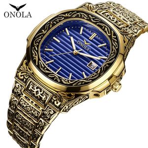 Klassieke designer vintage horloge mannen 2019 ONOLA topmerk luxuri goud koper horloge mode formele waterdichte quartz unieke mens233T