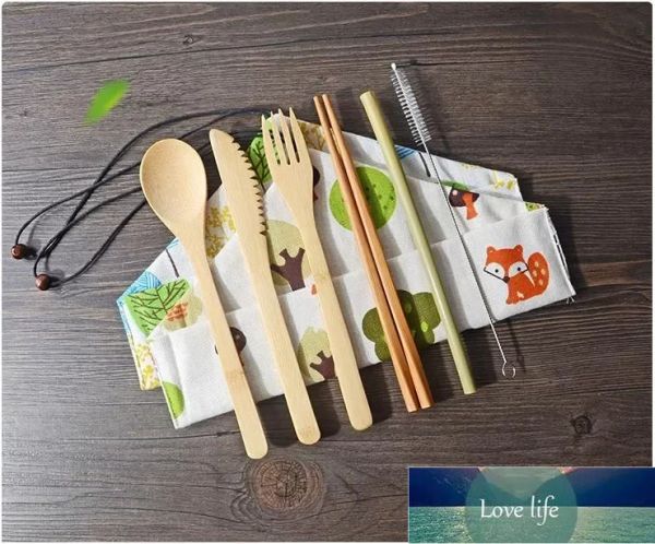 Ensembles de vaisselle classiques Portable bambou naturel paille cuillère fourchette couteau baguettes brosse de nettoyage ustensile de cuisine ensemble de couverts