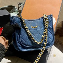 24P Gradient Blue Designer Denim Tote Clutch Bag Chain Handle Gold Hardware Diamond Lattice Dames Schouder Cross Body Handtas Hoge capaciteit Casual Hobo 22x16cm