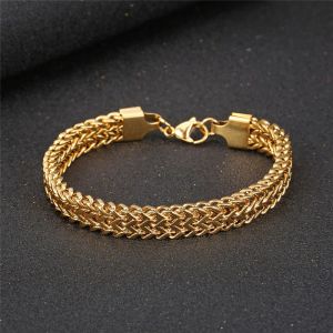 Bracelet classique à Double rangée avant et arrière, chaîne sur quatre côtés, meulage Hip Hop épais, or jaune 14 carats, bijoux 2024