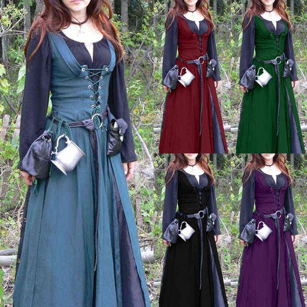 Vestido clásico de las mujeres medieval vintage retro vestido con cinturón de manga larga cuello ronud longitud del piso con cordones vestidos delgados femeninos g1214